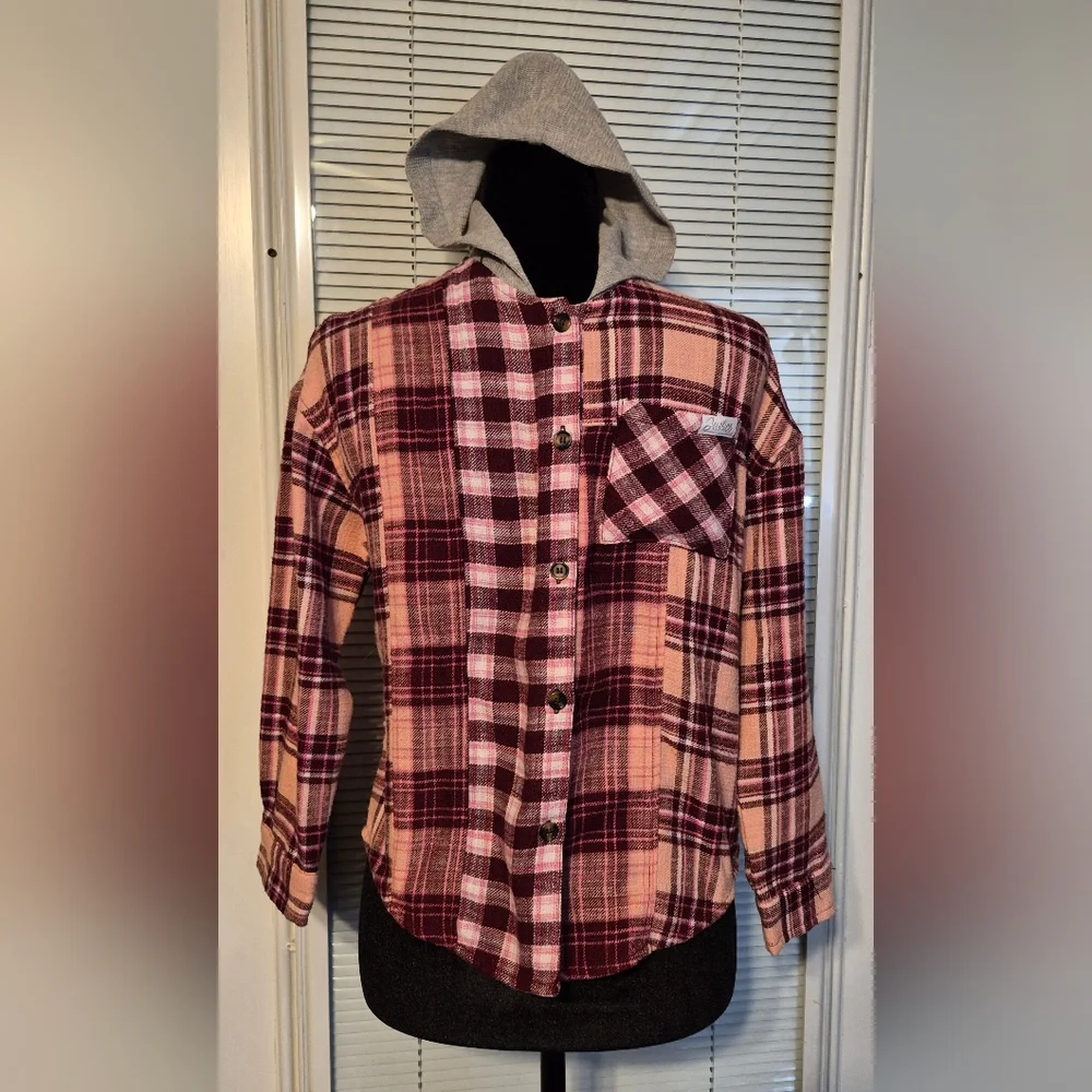 Justice Long Sleeve Plaid Flannel Shirt with Hood